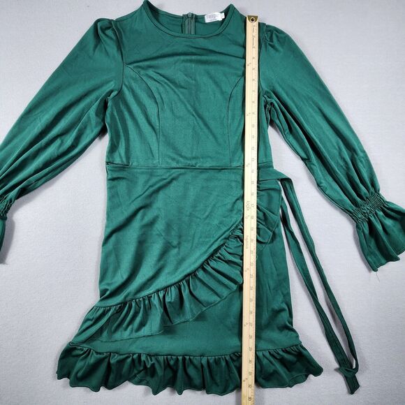 Ruffle Trim Bell Sleeve Midi Dress Tie Back Womens Size Medium Green - Picture 8 of 9